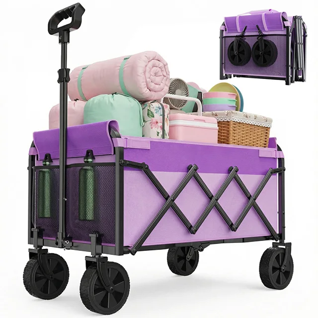 Opvouwbare kar 75L laadvermogen/100KG capaciteit, strandkar met verstelbare handgreep, compact en lichtgewicht voor supermarkt/camping, hoogwaardig gelegeerd staal, scheurvast en waterdicht 600D