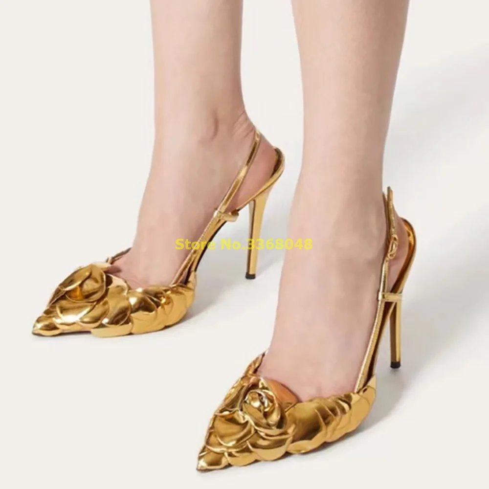 2024 Summer Gold Pumps Flower Back Strap Sexy Pointy Toe Stiletto Thin High Heel Fashion Women Shoes High Heel Pumps