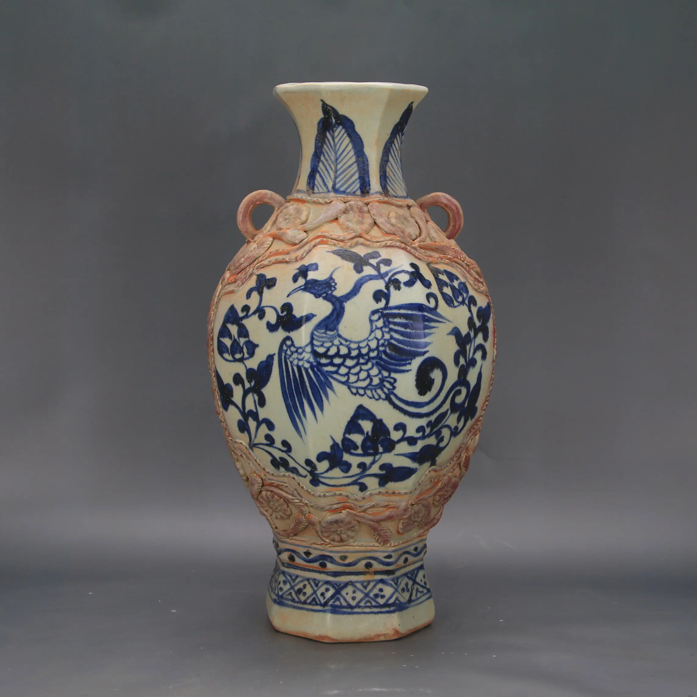 Yuan Shufu Kiln Blue White Underglaze Red Phoenix Elephant Ear Vase Antique Replica Porcelain Home Decor Collectible