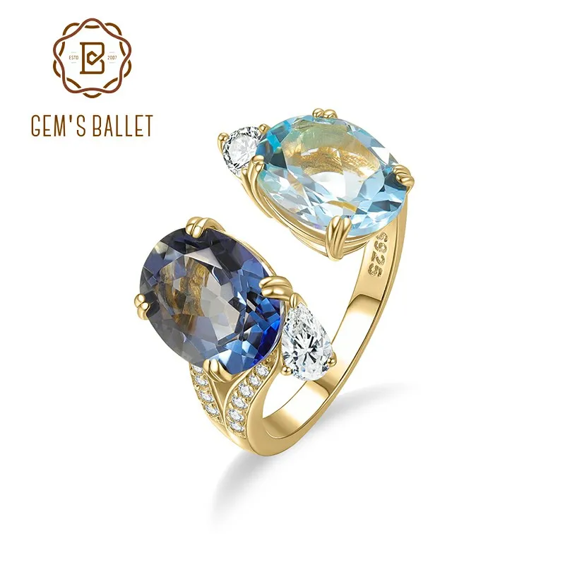 

GEM'S BALLET Iolite Blue Mystic Quartz и небесно-голубой топаз Регулируемое открытое кольцо из стерлингового серебра 925 пробы с позолотой 18 карат Подарок для нее
