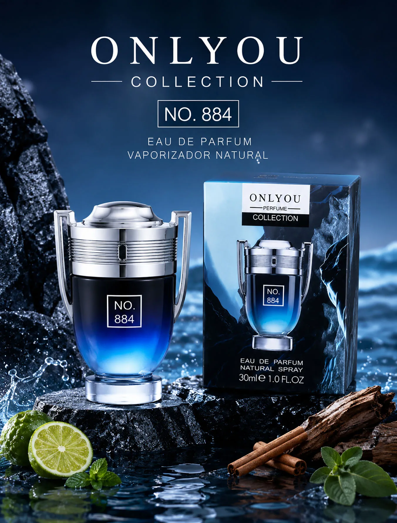 Perfume ONLYYOU No. 884 Para Hombre 30ml Eau De Parfum Aroma Fresco Amaderado Notas De Limón Helado Y Cedro Loción De Larga Duración Diseño Trofeo Icónico Portátil Ideal Para Oficina Gimnasio Y Eventos Caballero