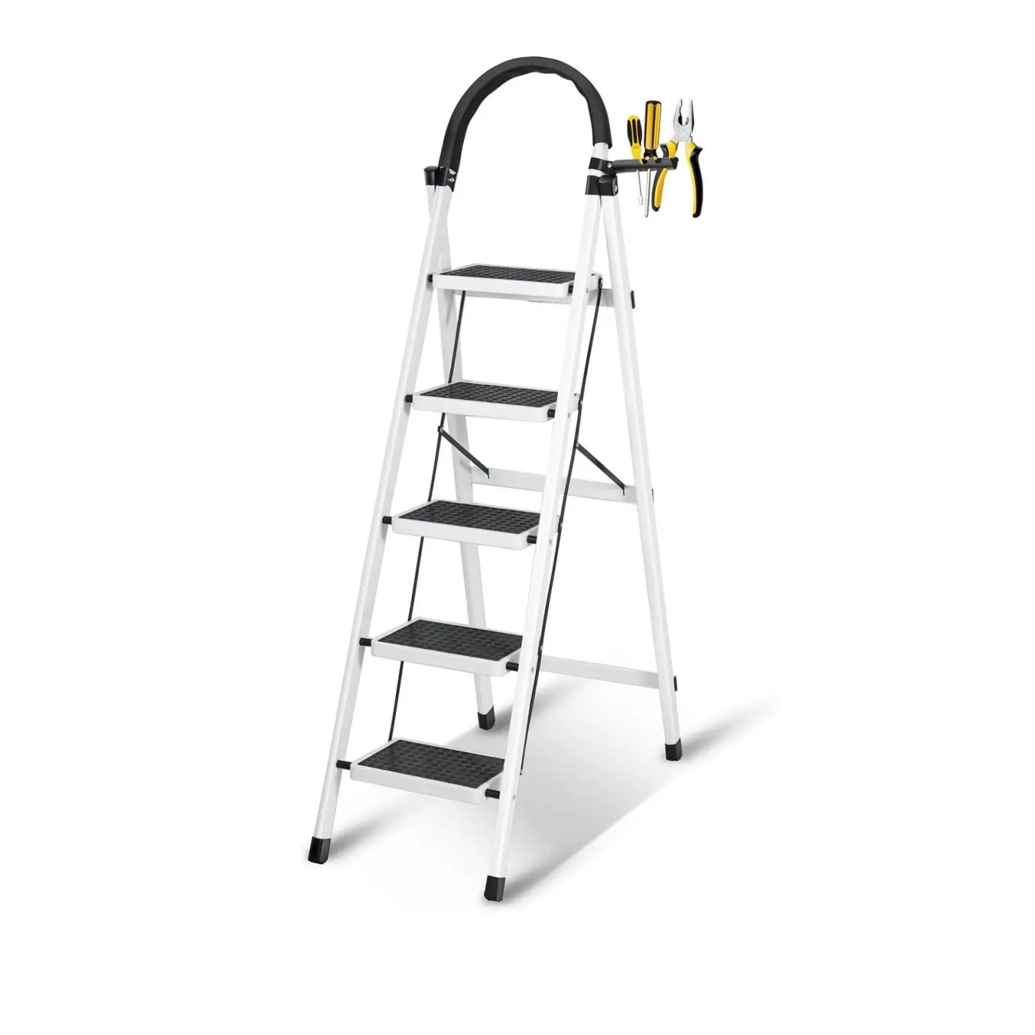 Foldable Ladder 5 Steps, Home Ladder Folding Step Stool Wide Anti-Slip Pedal, Adults Folding Sturdy Steel Ladder