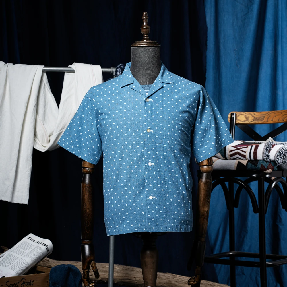 Vintage Indigo Print Shirt Men Summer New Blue Dyed Cuban Lapel Short Sleeve Single Breasted Shirt Cotton Casual Cardigan Tops