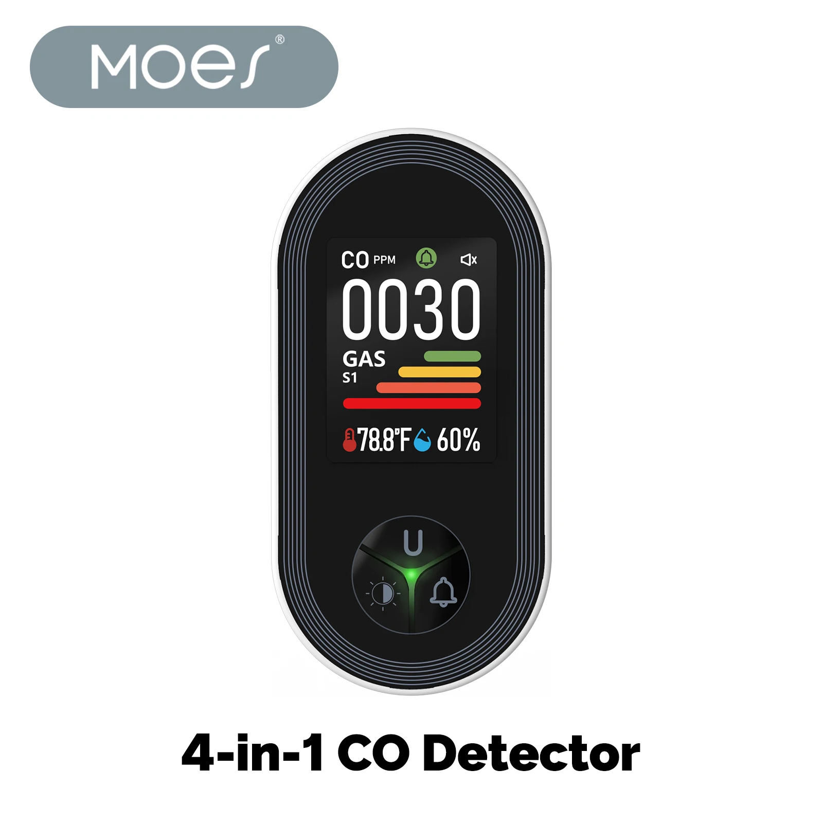 MOES 4-in-1 كاشف الغاز القابل للاحتراق لأول أكسيد الكربون المدمج في مراقب أجهزة الإنذار المسموعة المكونات في العرض مع درجة حرارة الرطوبة