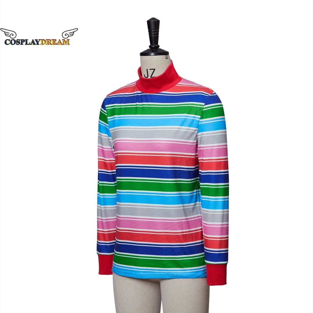 Halloween Costume for Men Scary Nightmare Killer Doll Wanna Play Movie Character Colorful Stripe T-Shirt Chucky Doll Costume