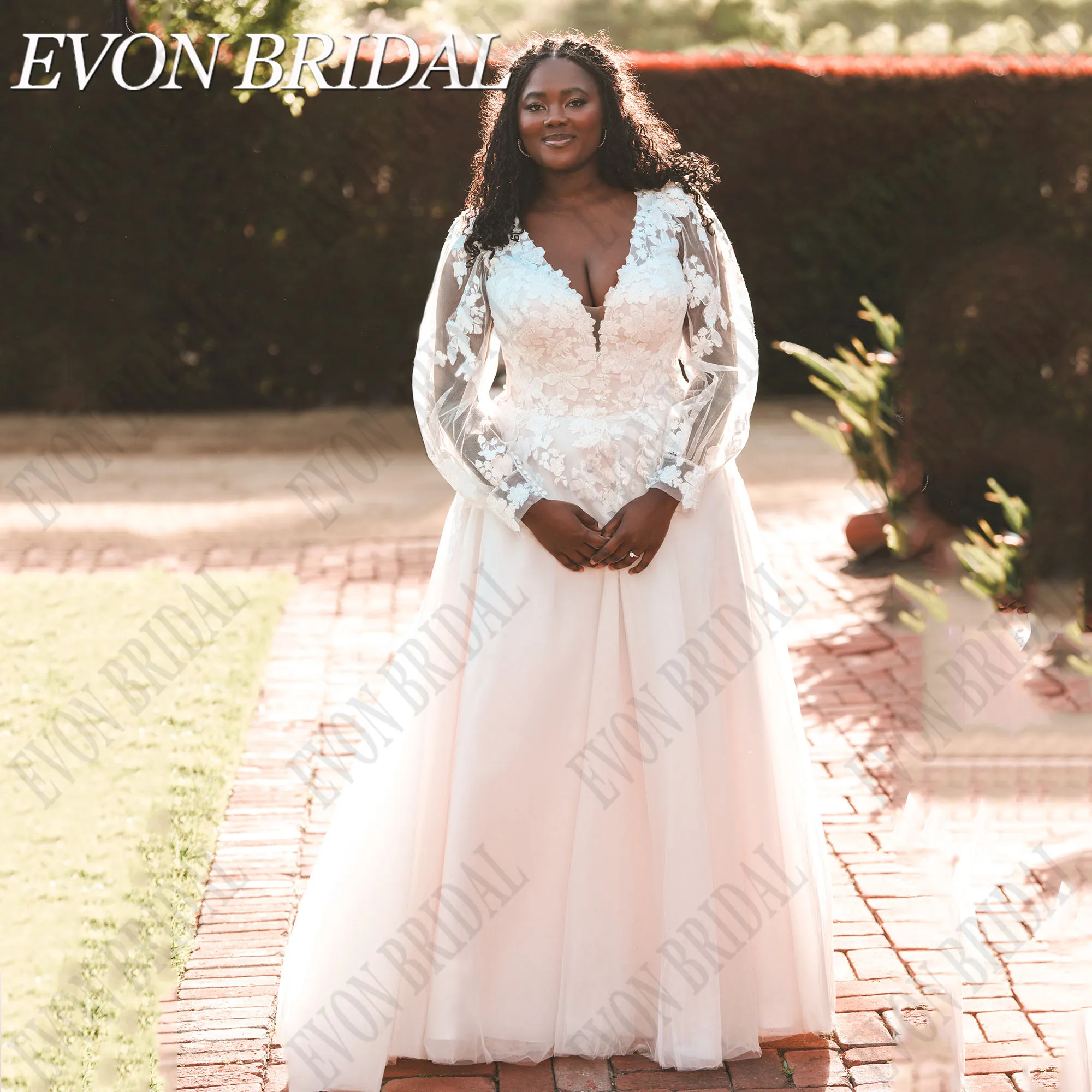 

EVON BRIDAL Plus Size Wedding Dress Long Sleeves Applique Lace Boho Bride Gowns For Bride A-Line vestidos de novia Customized