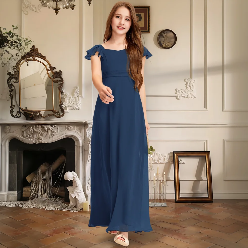 GHK Floor Length Chiffon Junior Bridesmaid Dress With Square Neckline Flower Girl Dress Girls Party Dress Wedding Formal Dress
