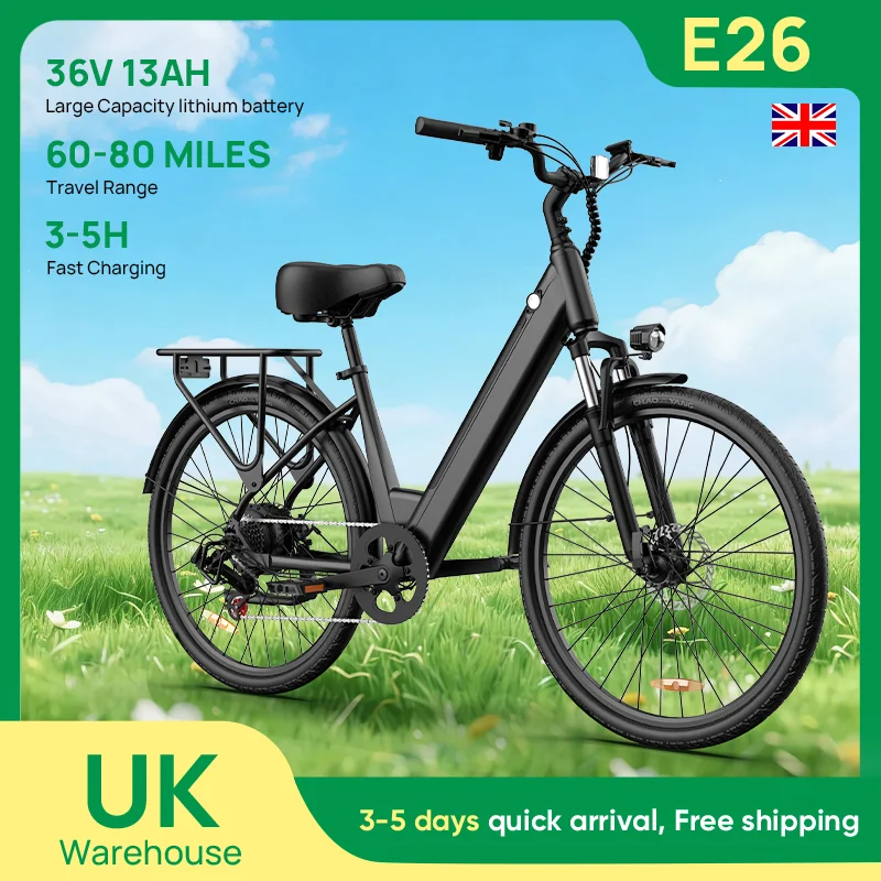 Urlife E26 Peak 750W Electric Bike For Adults Commute 36V Removable Battery 20MPH 26''X2" Standard Tire 7-Speeds E-bike
