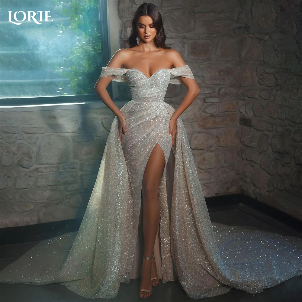 LORIE Sexy Glitter Mermaid Evening Dresses Off Shoulder Pleated Shiny High Side Slit Prom Dress Saudi Arabia Dubai Party Gowns