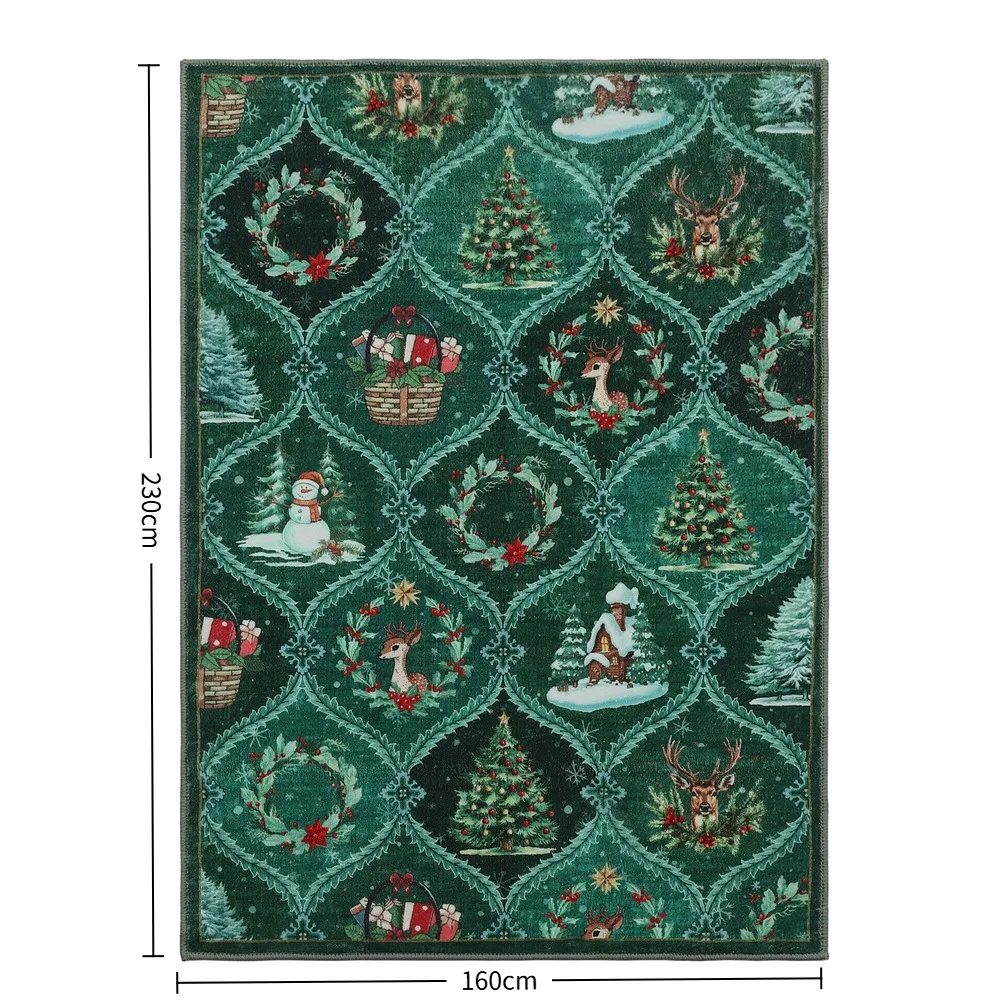 Machinewasbaar Kerstvloerkleed, groen, met kerstboom-, rendier- en sneeuwpoppatroon, antislip TPR-achterkant, zacht decoratief vloerkleed voor woonkamer, slaapkamer, keuken, entree, feestelijke
