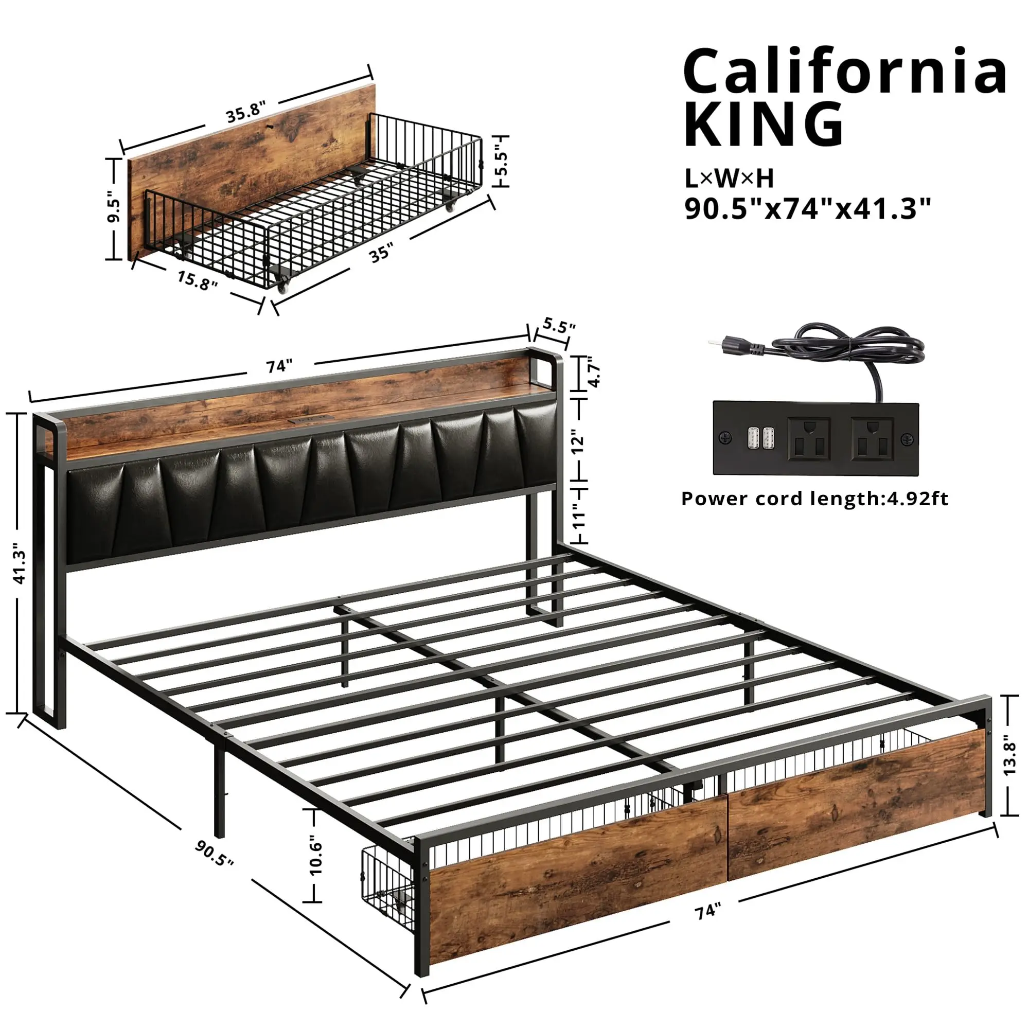 LIKIMIO California King Size Bed Frame, Storage Headboard with Charging Station, Platform Bed with Drawers, No Box Spring Needed