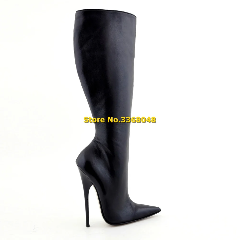 Black Matte Leather Pointy Toe Boots Knee High Zipper Winter Autumn High-class Production Women Shoes Stiletto Heel