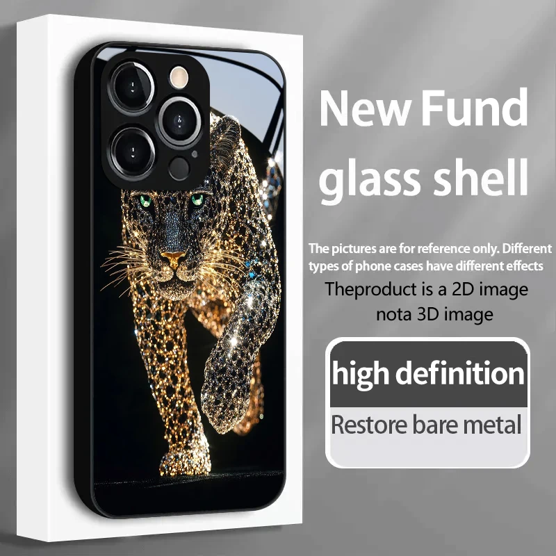 PROTECT Diamond-set Gold Cheetah for iPhone 17/16e/16/15/14/13/12/Max/11/Pro/Plus Luxury Tempered Glass Protective Case view 2