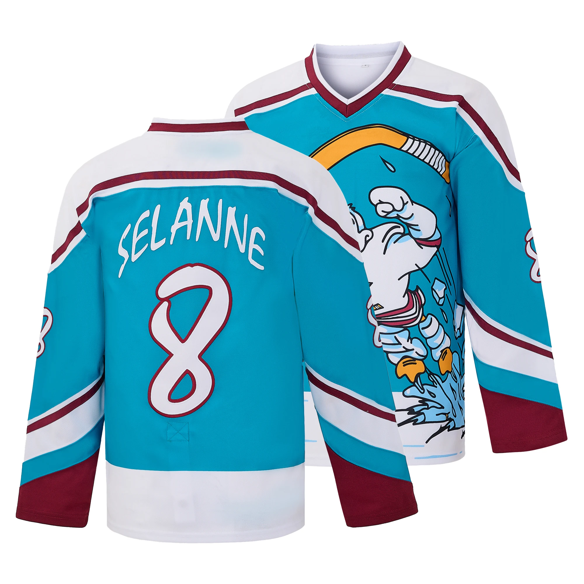 Men's #8 SELANNE 'Breaking The Ice' Hockey Jersey, Letter Embroidered Leisure Cartoon Graphic Long Sleeve Hockey Uniforms