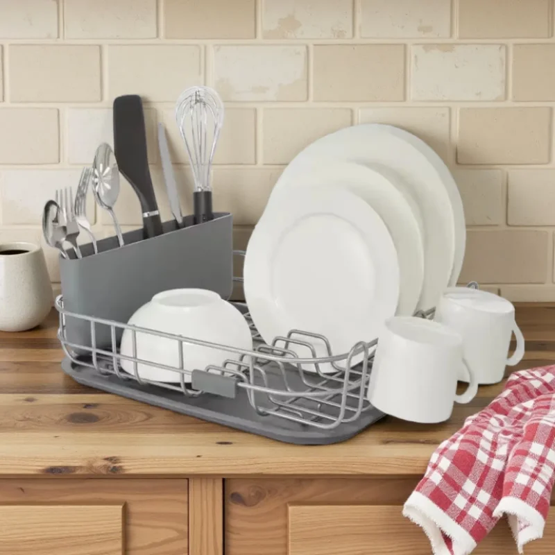 

The charcoal grey metal stacking dish drying rack is durable and features an open design to accommodate a variety of dishes.