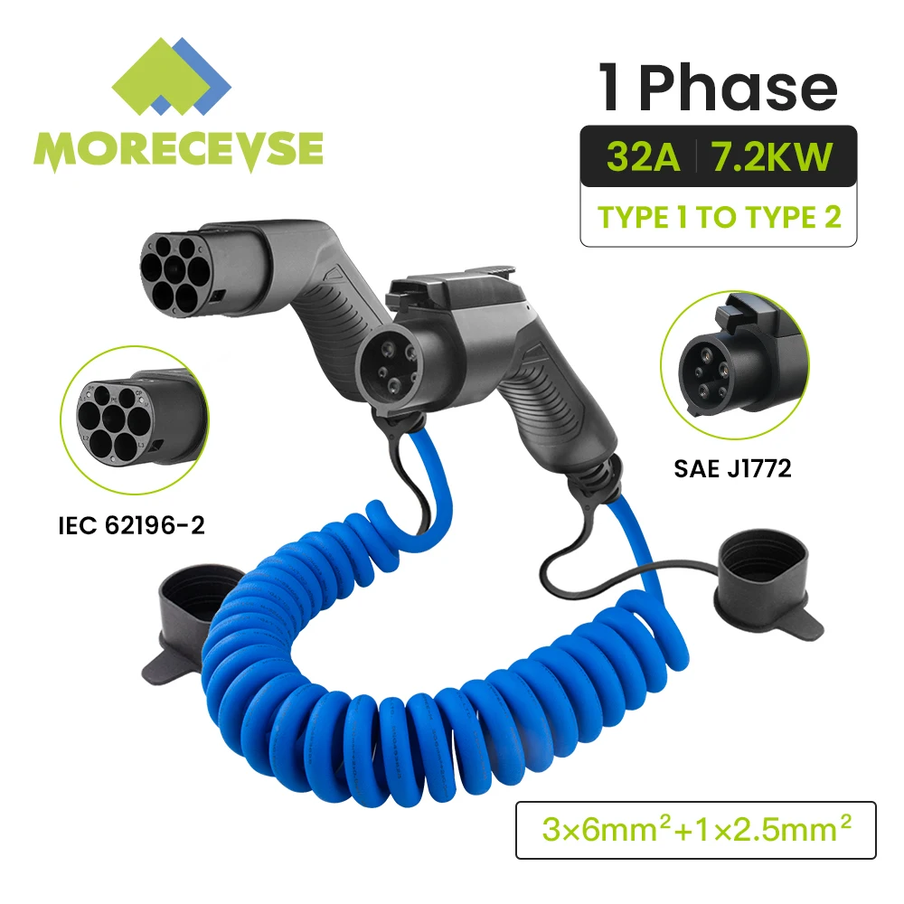 Morec EV Charging Cable 32 A 7.2KW 1Phase Electric Vehicle Cord for Car Charger Station Type 1 to Type 2 Plug Adapter J1772 5M