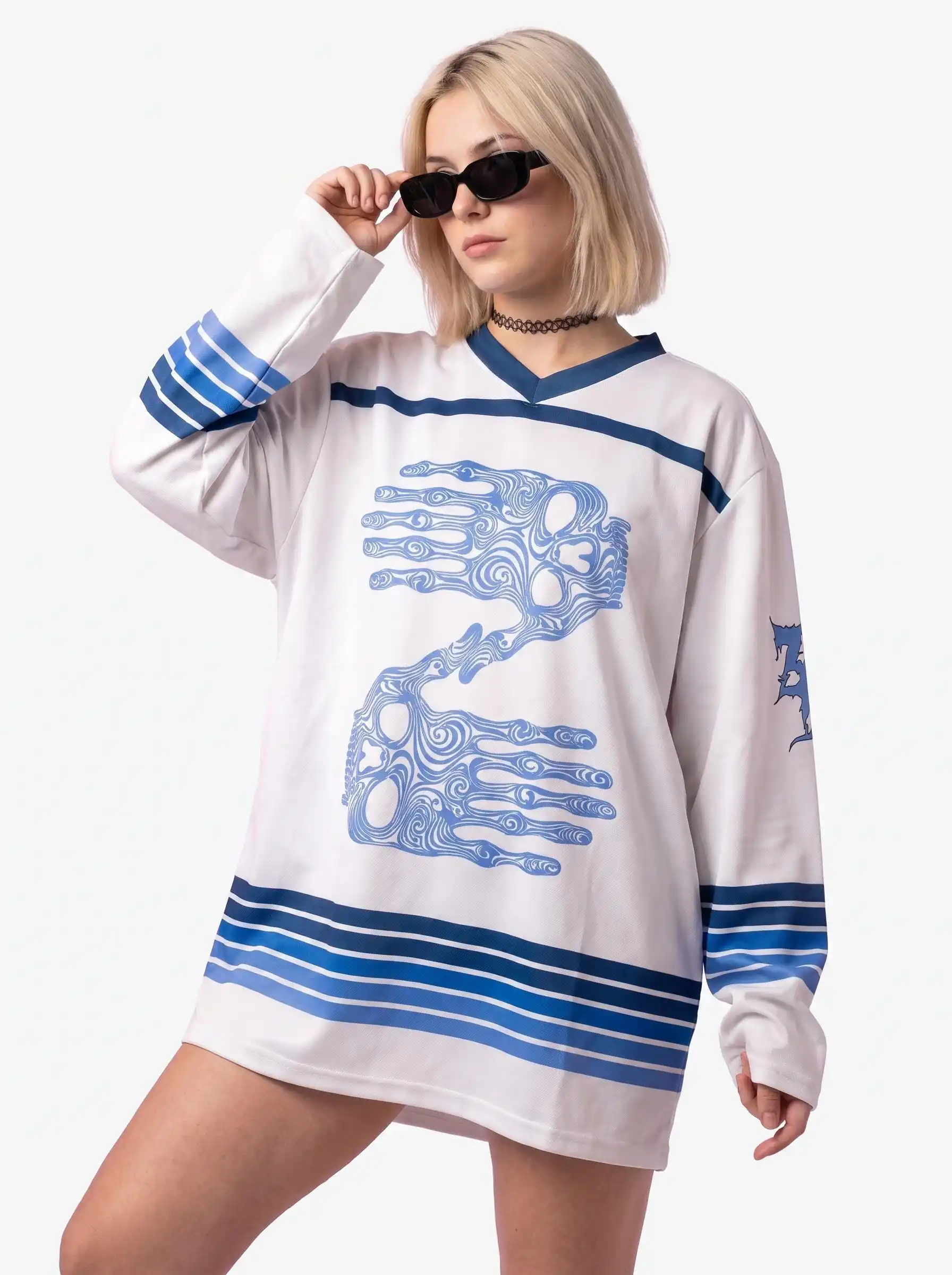 2026 Zeds Dead Dubstep Rave Hockey Jersey White Skeleton Print Long Sleeve Shirt EDM Music Festival Unisex Streetwear Outfit