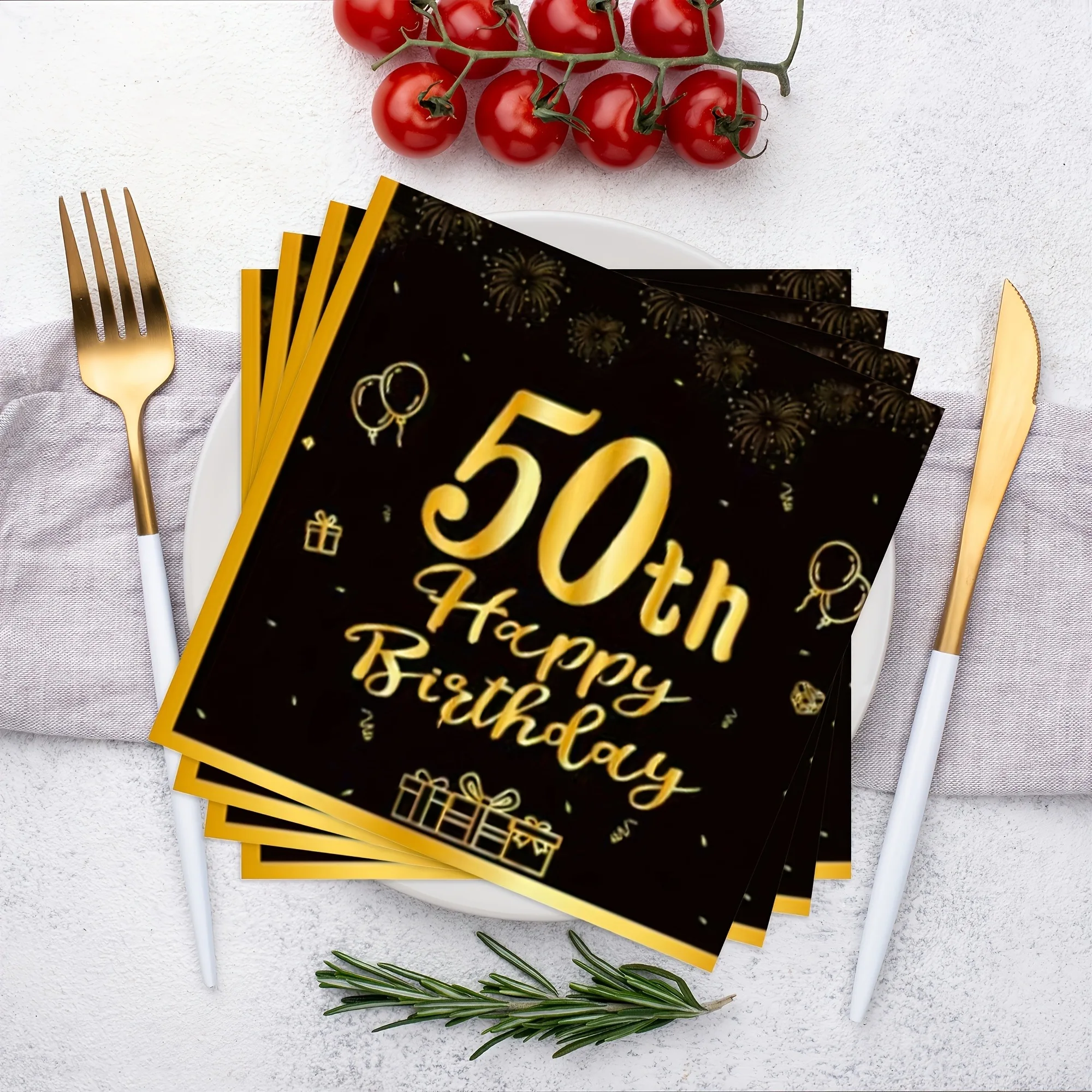 Glücklicher 18., 21., 30., 40., 50., 60. Geburtstag, schwarze und goldene Servietten, 20 Stück, Party-Servietten, 70. Geburtstag Servietten, Alles Gute zum 50. Geburtstag – Detail 8