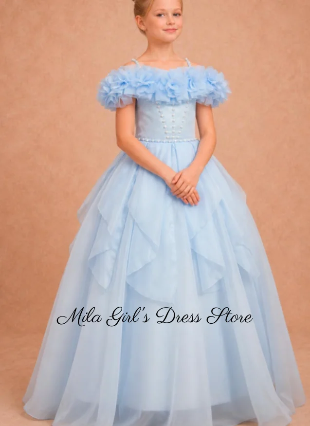 Off Shoulder Blue First Communion Dress Floor Length Ruffles Flower Girl Dress Kids Baptism Customized A Line Formal Dress