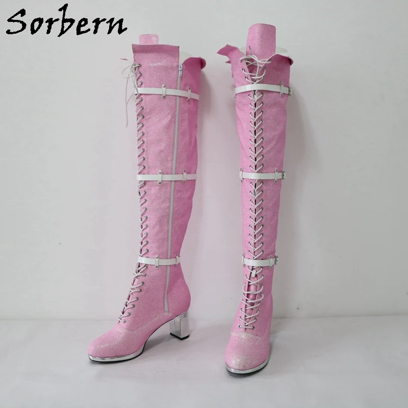 

Sorbern Pink Glitter Boots For Corssdresser Thigh High Performance Block Heel Platform Kinky Boot Custom Wide Drag Queen Shoes