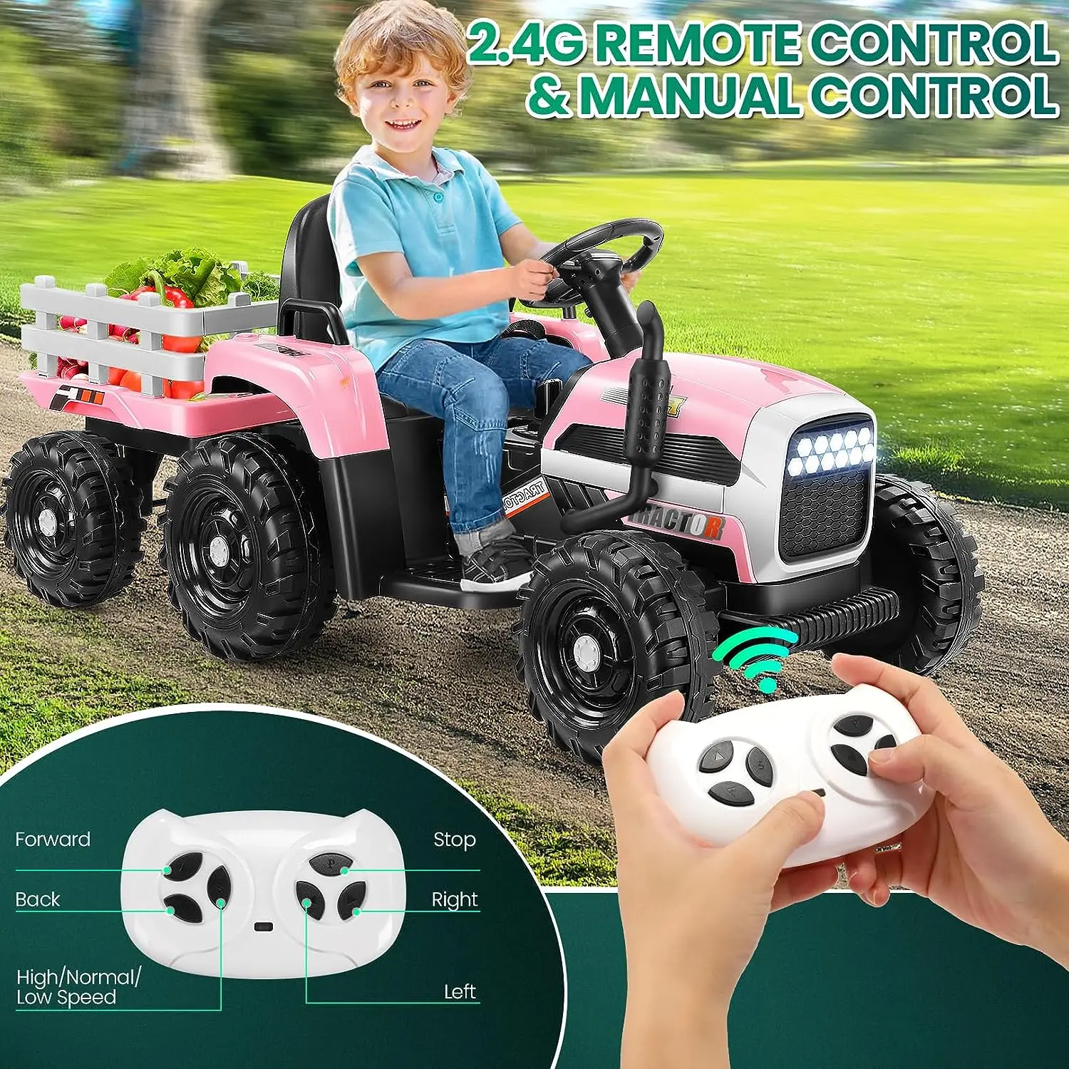 Ride on Tractor met aanhangwagen, 12V elektrische tractor met ouderafstandsbediening, 3 snelheden, LED-licht, muziek, veiligheidsgordel voor kinderen