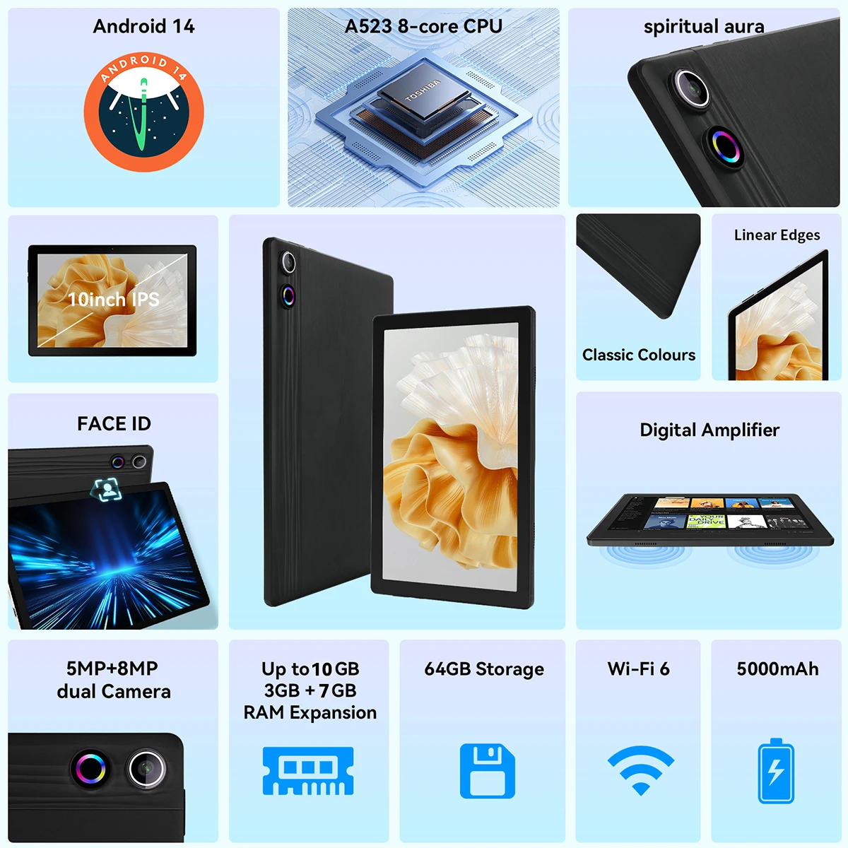 Tablet Android 14 da 10,1 pollici Octa-Core 10 GB di RAM 64 GB di ROM (espandere a 1 TB) Schermo IPS HD compatibile con Widevine L1 con WiFi 6 BT 5.3