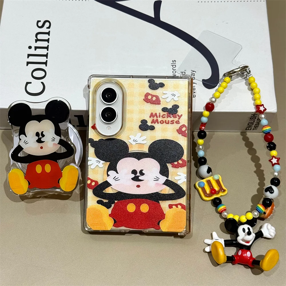 Korean Plaid Mickey Magnetic Phone case for Samsung Galaxy Z Fold 8 7 6 5 4 Fold 8 Ultra Cover With Magsafe 3D Stand Chain Case