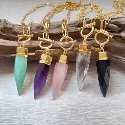 FUWO Wholesale Natural Crystal Spike Necklace,Creative Quartz Point OT Buckle Paperclip Link Chain Jewelry 5Pcs/Lot NC085GM