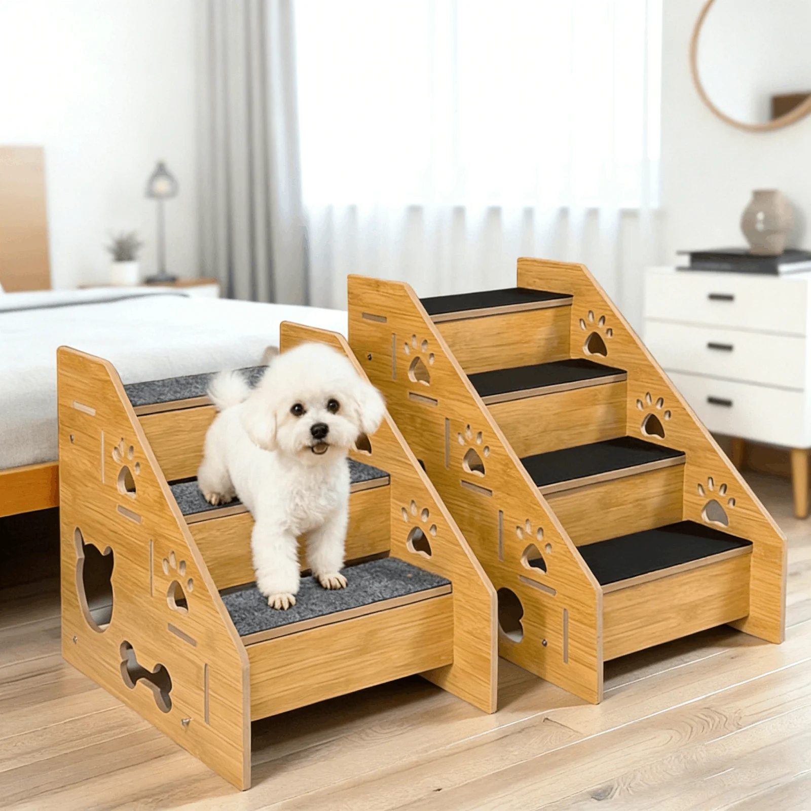 

4 Layer Wooden Pet Climbing Ladder Dog Up And Down Bed Stairs Stepped Pet Slope Climbing Ladder Lightweight For Small Dogs Cats
