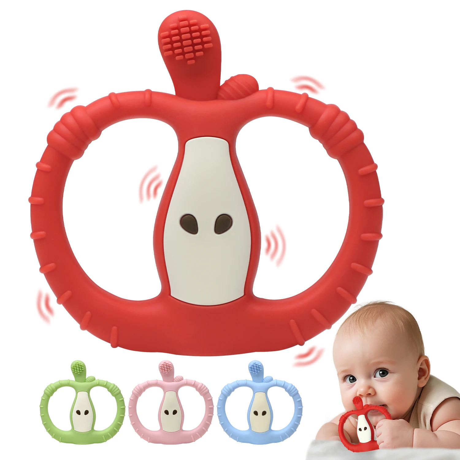 Baby Teether Vibrating, Silicone Cute Apple Teething Toys for Babies Gum Massage