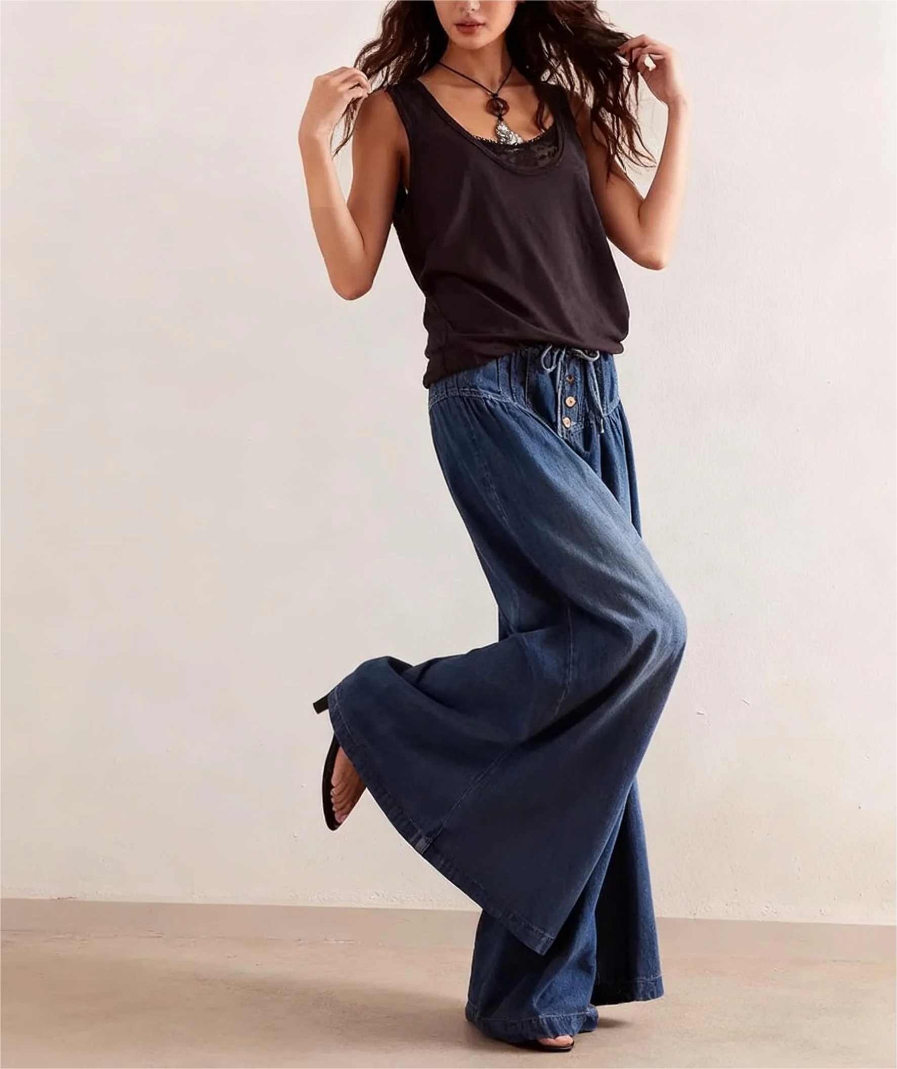 Jean plissé taille moyenne avec cordon de serrage, nouveau style, ample, jambes larges, pour femmes