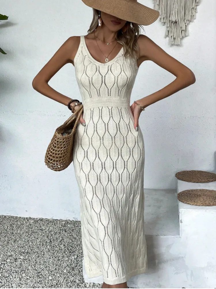 

SKMY White Dress 2024 Spring Summer New Sexy Hollow Out Perspective Vacation Solid Color Open Back Knitted Long Dresses Women