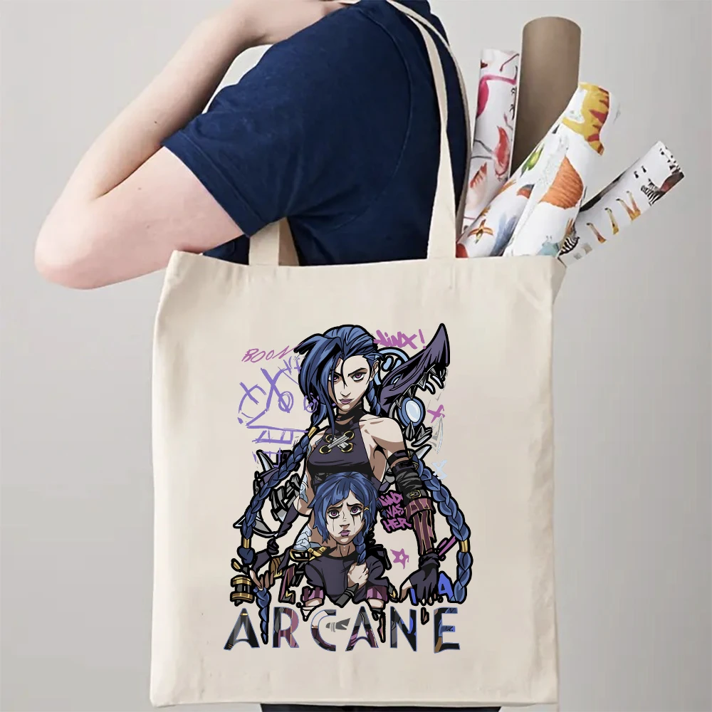 Arcane-Jinx  Print Canvas Tote Bag Reusable Shopping Bag Women Shoulder Shopper Bag