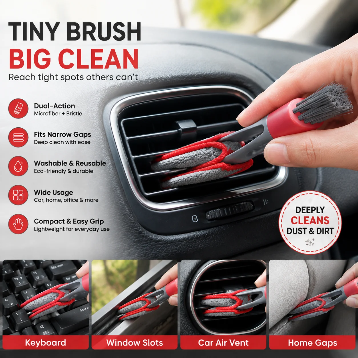 2‑in‑1 Car Air Vent Cleaning Brush Multifunctional Gap Dust Remover Washable Microfiber Detailing Tool For Car Interior Keyboard