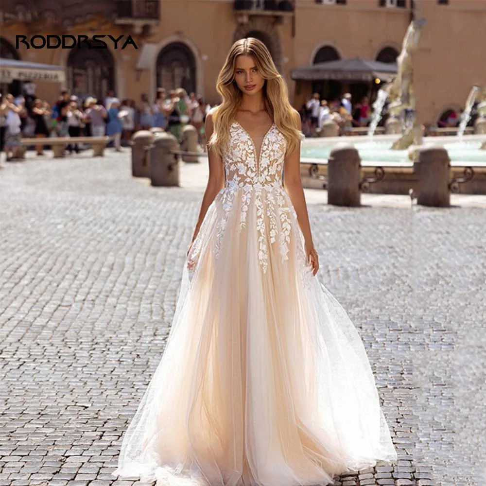 

RODDRSYA Boho Elegant Wedding Dress 2023 For Women V-Neck A-Line Backless Appliques Bridal Gowns Vestidos De Novia Custom Made