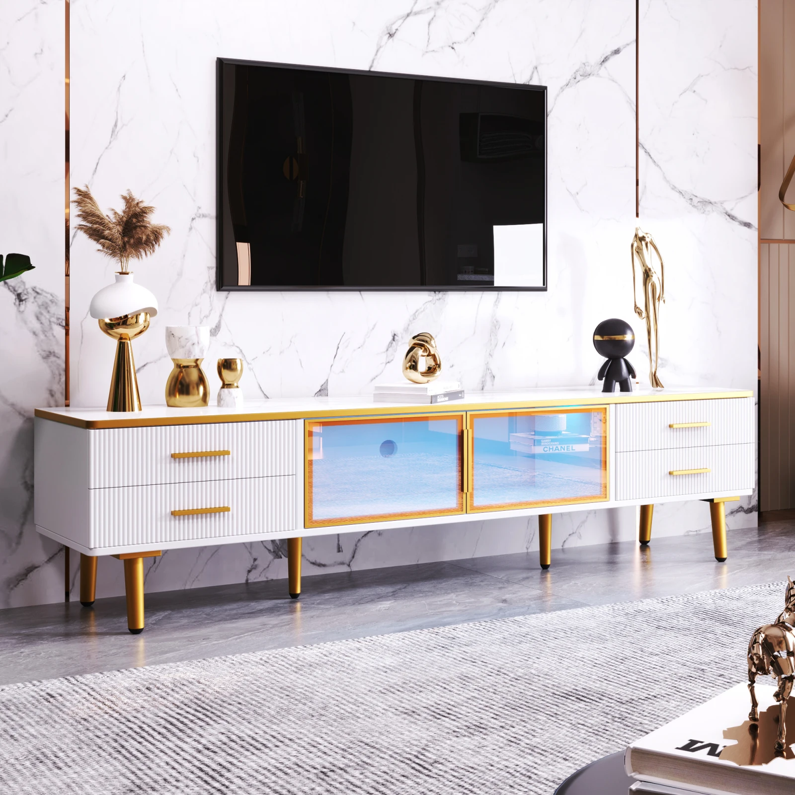 Comanlai 170×37×47,5cm LED TV-meubel, moderne TV-lowboard, met 4 getextureerde lades, 2 deuren van gehard glas voor 60-65 inch tv's
