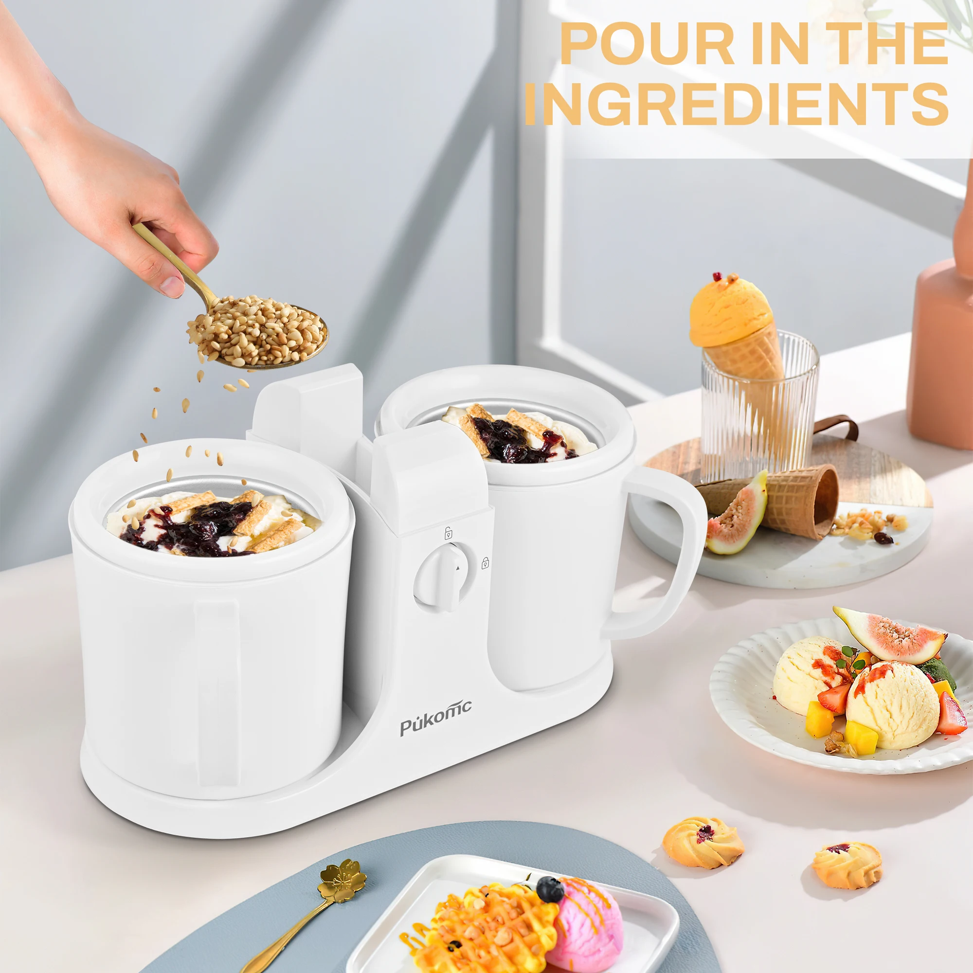 Electric Ice Cream Maker with Timer 500ml Double Bowl Automatic Frozen Yogurt Machine Home DIY Dessert Maker
