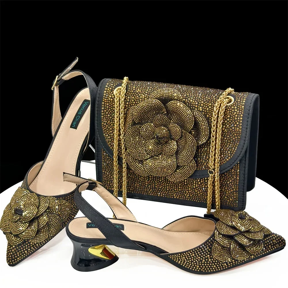 Venus Chan Shoes for Women Pointed-Toe Large Flower Decoration Rhinestone Low Heel Italian Design Black Color Shoes and Bags Set