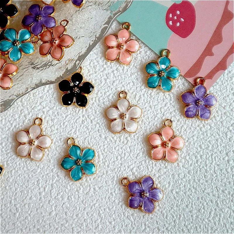 10pcs Sakura Flower Alloy Enamel Pendant Metal Shining Charms DIY Necklace Bracelet Earring Keychain Jewelry Accessory Component