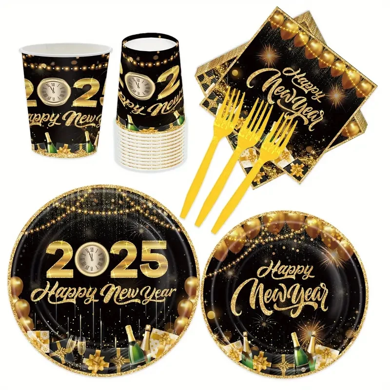 2025 Happy New Year Party Supplies Black Gold Theme Disposable Tableware Paper Plates Cups Napkin for 2025 New Year Decorations