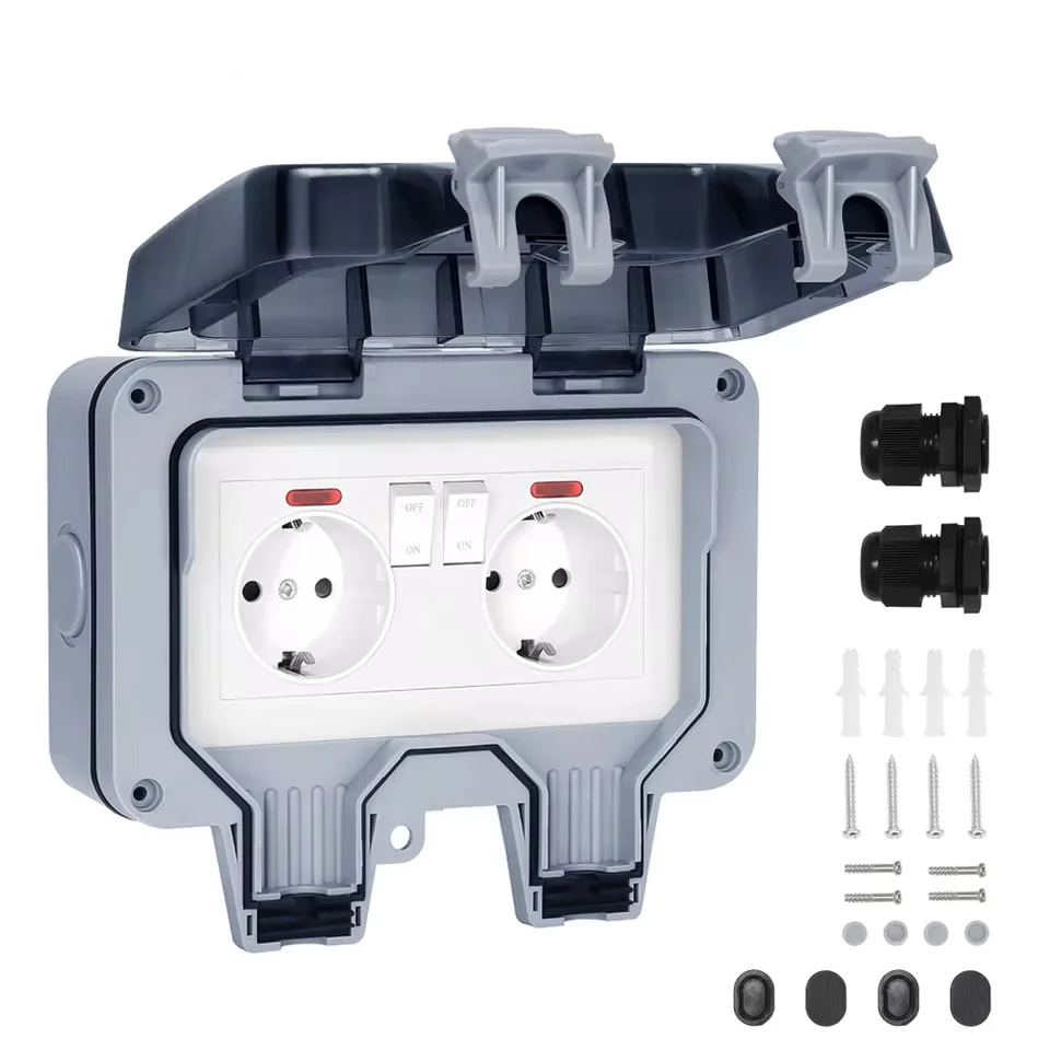 

Waterproof Outdoor Socket IP66 Electrical Box External 220V 2 Way 2 Pin Plug Socket UK US EU AU French Standard Rainproof Cover
