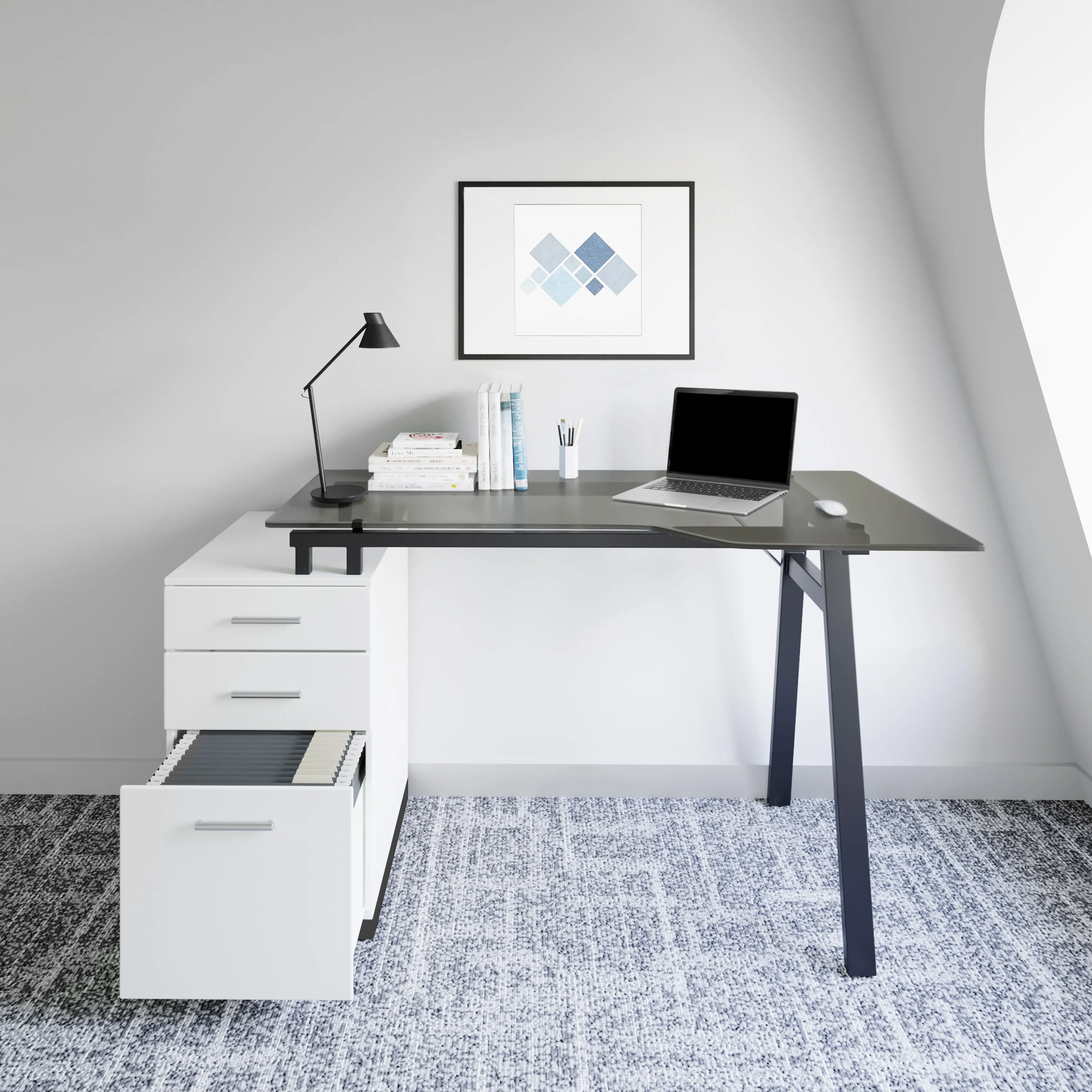 Modern Home Office Computer Desk with Smoke Tempered Glass Top&3 Drawer Storage Cabinet - White[US-W]