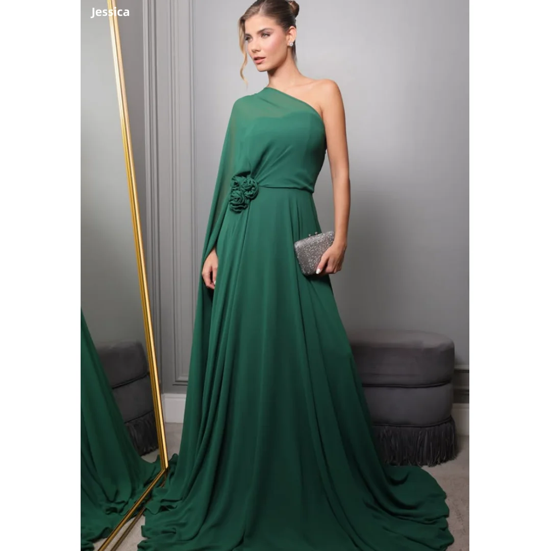 

Jessica Green Handmade Flowers Evening Dresses Chiffon Shawl Prom Dresses A-Shape Elegant Wedding Party Dresses Customized