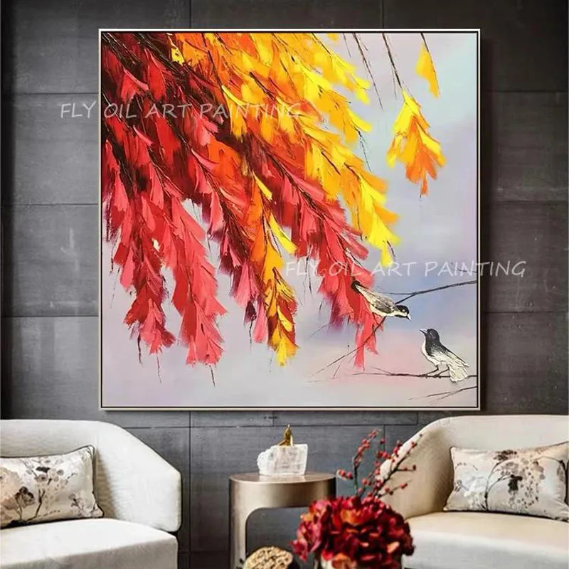 Classic Art Still Life Abstract Oil Painting Handmade Modern European Artwork Yellow Red Flowers Birds Landscape Wall Art Decor