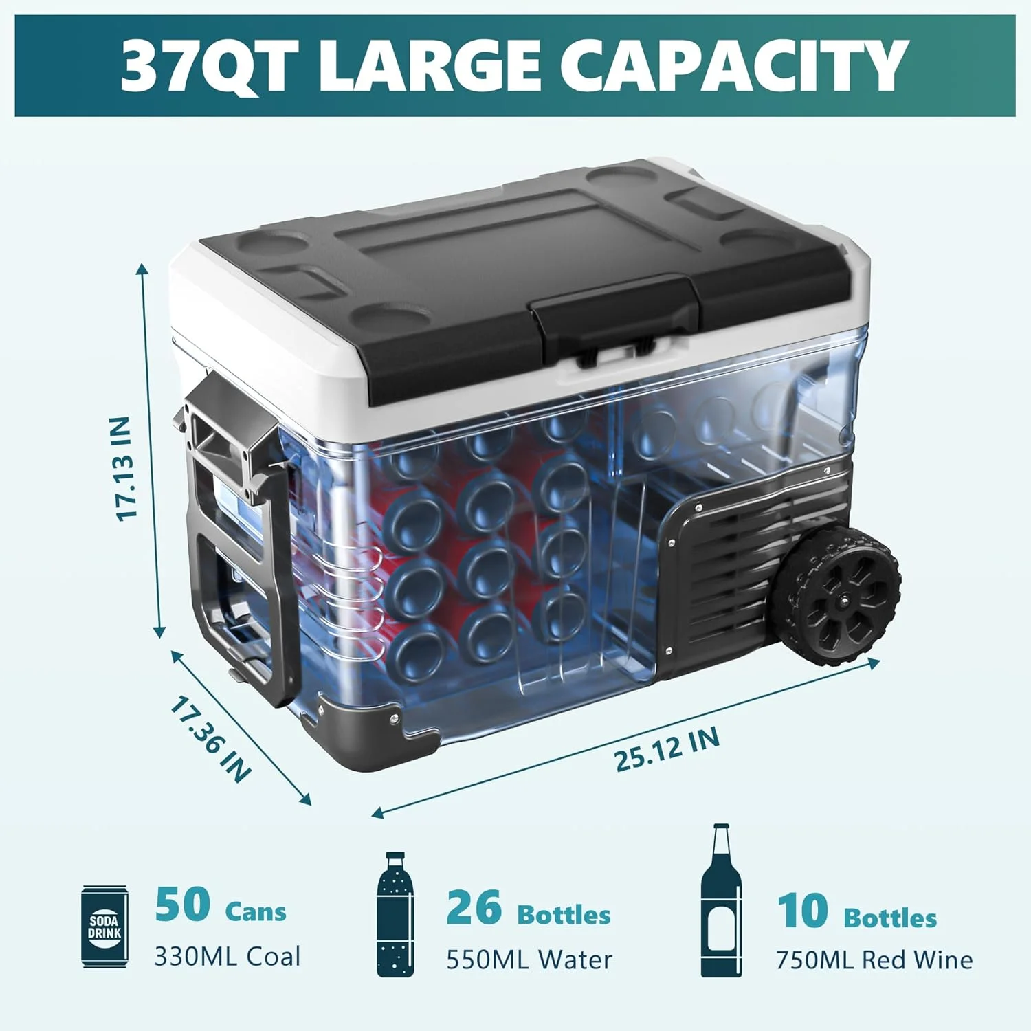 EKOJUCE 12 Volt Refrigerator, 37QT Electric Cooler, Portable Freezer With Wheels & 2 Baskets For Travel, Truck, Boat, Camping