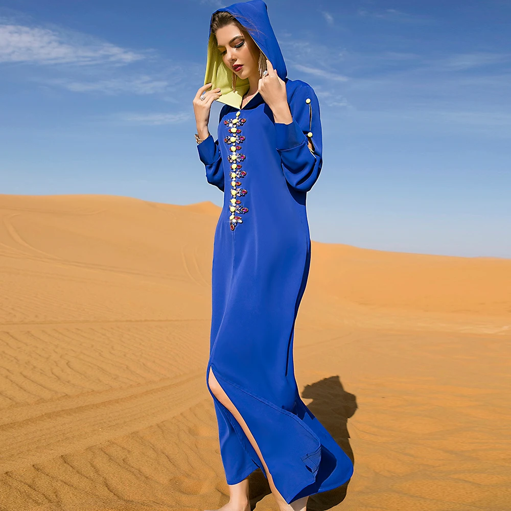 BA7024 Royal Blue Against Goose Yellow Hand Sewn Diamond Women's Retro Dress ABAYA