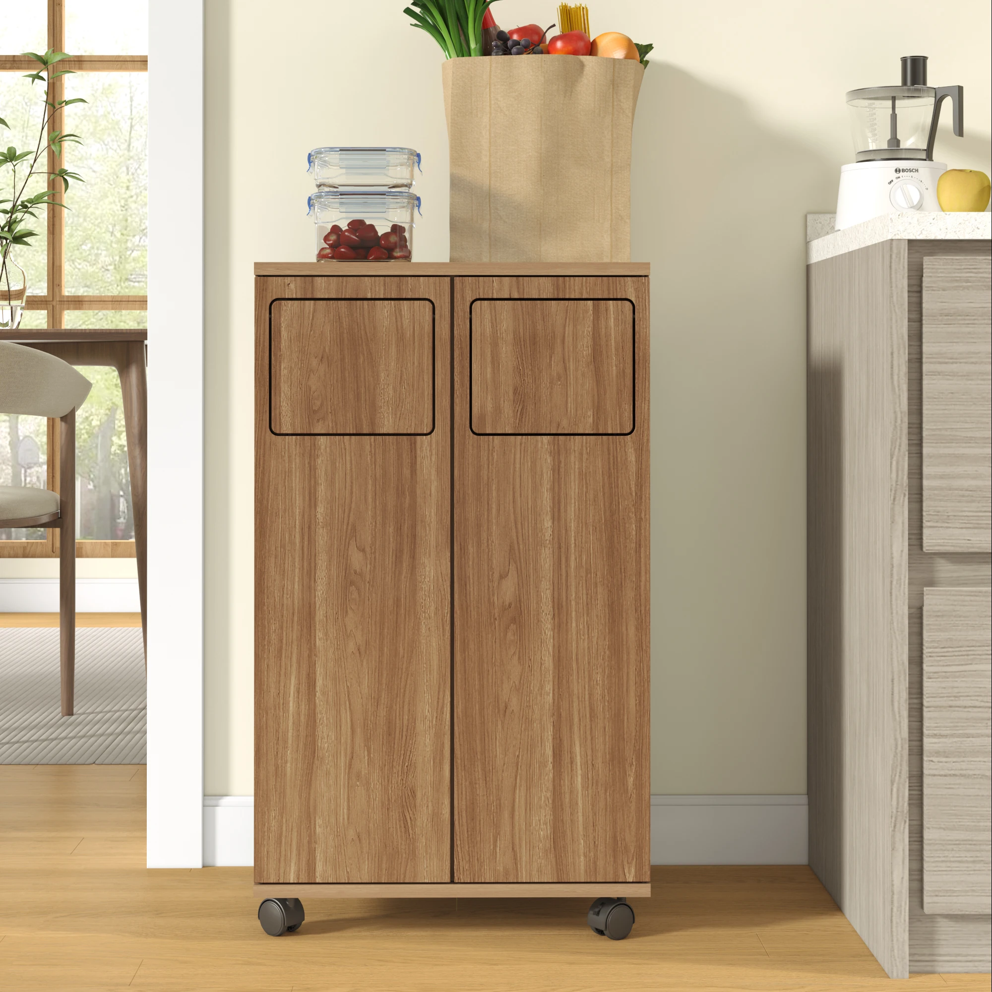 Armadio per la Raccolta Differenziata con Ruote, Contenitore per Rifiuti da Cucina, Armadio Nascosto a Doppia Porta con Ruote, Arredamento per Cucina e Sala da Pranzo
