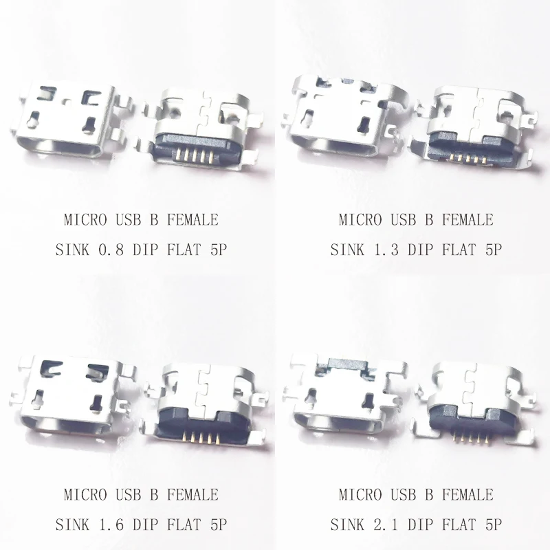 10PCS Micro USB 2.0 Connector 5Pin Female B Type Tail Charging Socket PCB Board Drop in 0.8/1.3/1.6/2.1mm