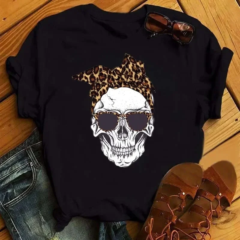 Moda Leopard nadruk z czaszką koszulka damska letnia luźna czarna koszulka damska Casual wokół szyi topy w stylu Harajuku ubrania damskie — zdjęcie 2