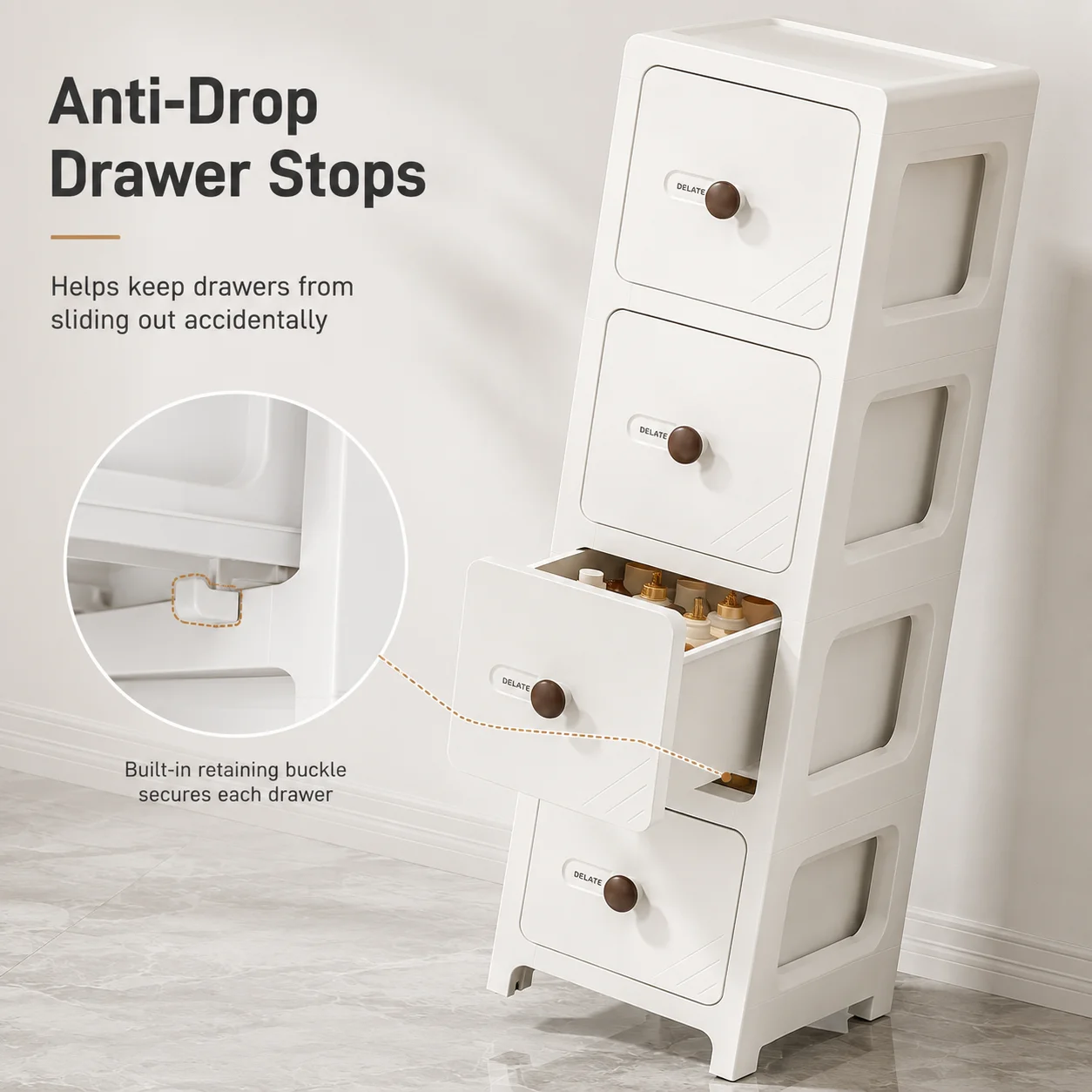2/3/4/5-tier narrow bathroom rolling storage cabinet with flip-top striped transparent doors and lockable 360° swivel wheels, light green modular stackable slim vertical organizer tower, perfect for bathroom, beside the toilet, or small spaces next to the